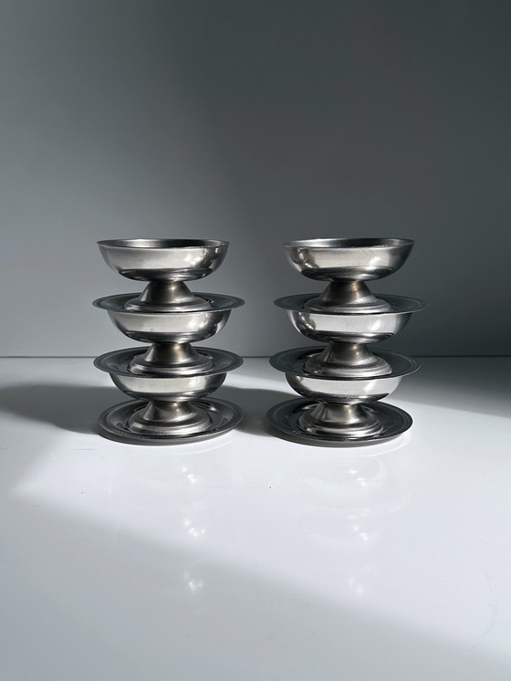 Image 1 of 6x Italiaanse dessertkommen ronde ijsbekers metalen decor schotels bord bokaal glas 80s gelato beker voet kom