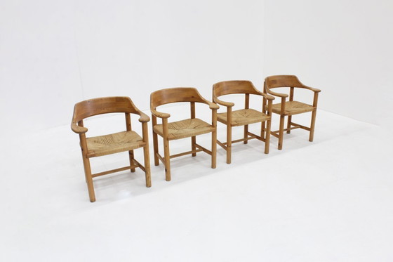 Image 1 of Set Vintage dining table and dining chairs pine wood papercord