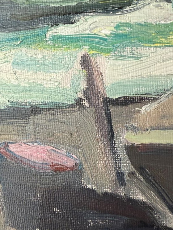 Image 1 of Peinture à l'huile moderniste « Bateaux sur la plage » de Carl Berndtsson (1902-1982)