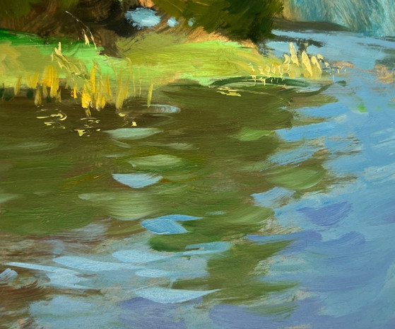 Image 1 of Dipinto ad olio originale, paesaggio costiero fluviale. Un acquazzone si avvicina lungo il fiume.