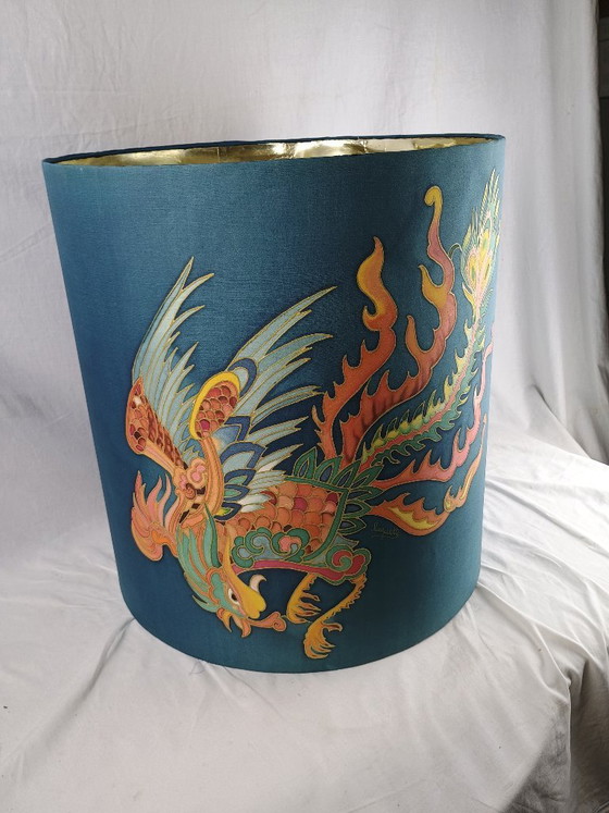 Image 1 of Handmade Signed Silk Dragon Lampshade, Large Vintage Style Table or Floor Lamp Shade, Asian Inspired Decorative Shade