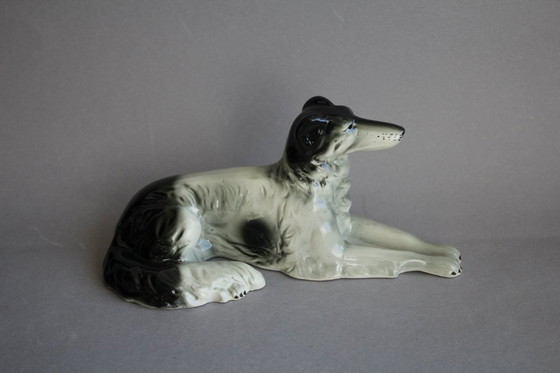 Image 1 of Galgo ruso (Borzoi), tumbado, con manchas blancas y negras, probablemente Scheidig Gräfenthal.