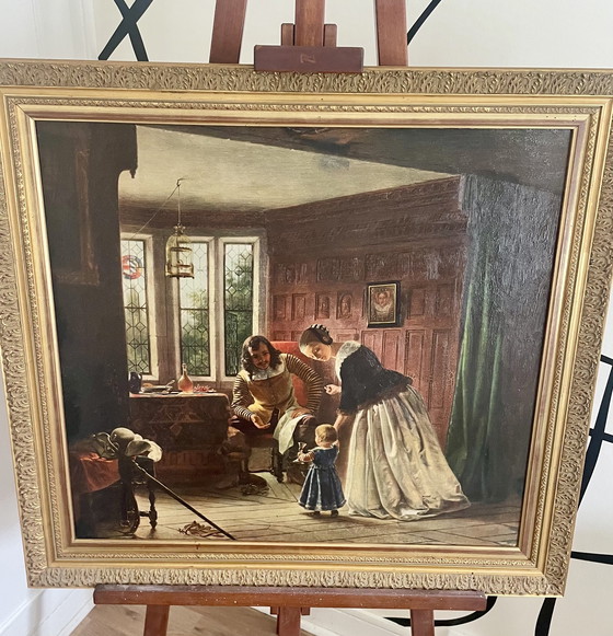 Image 1 of Tableau ancien encadré – The First Step – reproduction entoilée – cadre doré – style classique – art victorien – 76x83 cm