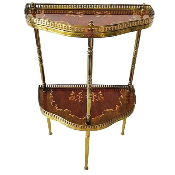 Image 1 of Console italienne mid Century demi-lune en bois marqueté laiton