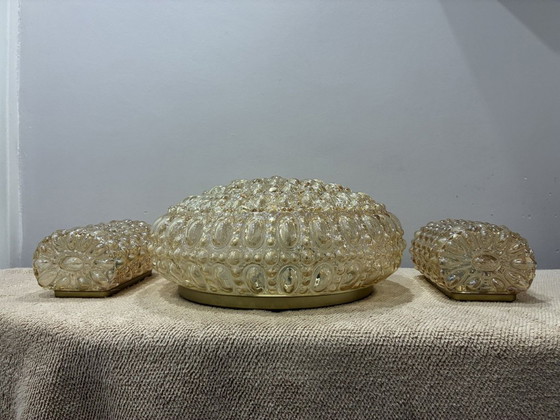 Plafonnier Glashütte Limburg en verre bullé ambré et 2 appliques murales, années 1960, Orange (photo 6 sur 8)