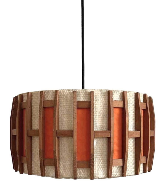Image 1 of Vintage Scandinavische hanglamp retro jute teak oranje 1970's