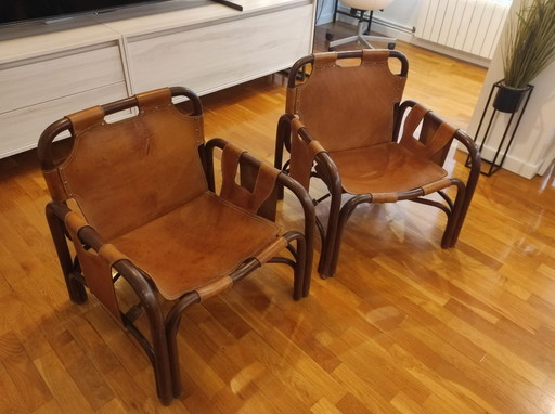 Chaises Safari en cuir Tito Agnoli pour Bonacina, Italie 1960