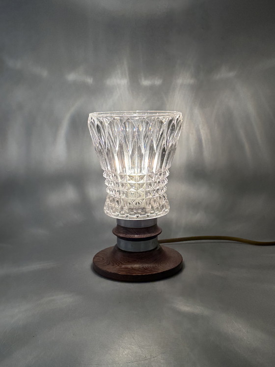 Image 1 of Mid-Century Table Lamp with Cut Glass Shade and Wooden Base – Vintage Design Lighting