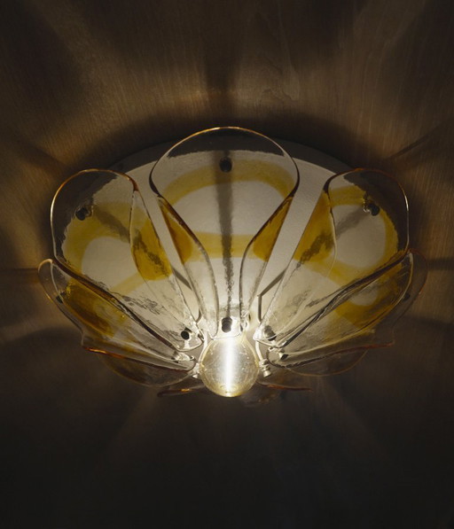 1970s Amber Glass Petal Ceiling Light, Murano Style Flush Mount, Vintage Hand-Blown Mid Century MCM Lamp
