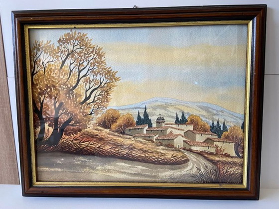 Image 1 of Watercolor Village of Provence Art France Painting Framed Signed Cardi ?? Artwork