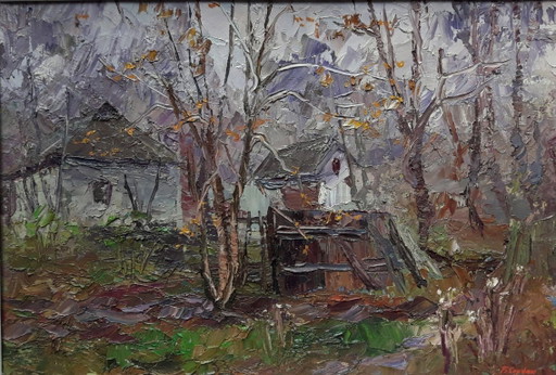 Origineel olieverfschilderij Landelijk Landschap Dorpshuis Herfst Verlaten Erf
