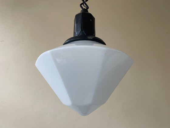 Lamp Pendant lamp Art Deco Bauhaus Opaline French – Glass, Iron (photo 2 of 11)