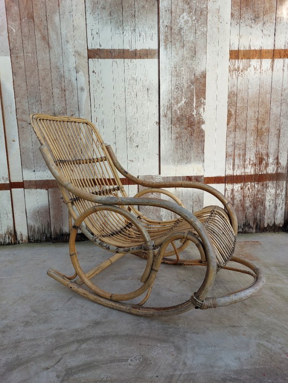 Image 1 of Originele Rohe Noordwolde rotan schommelstoel – jaren 50/60