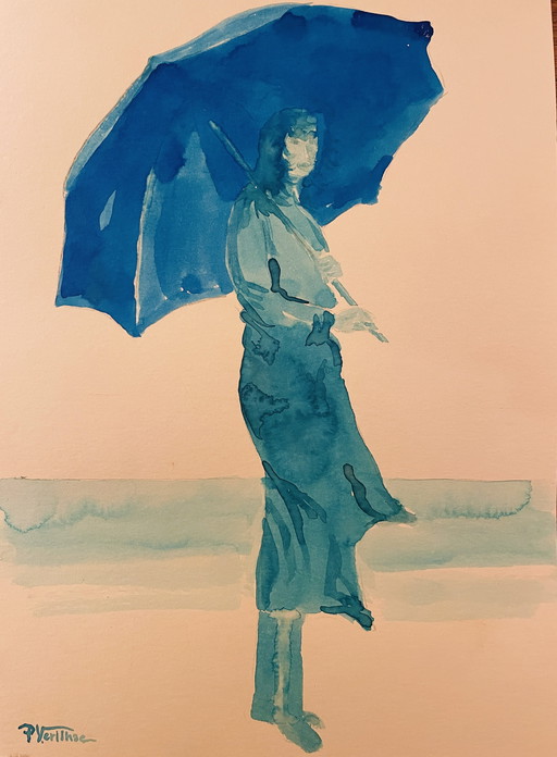 Signed painting blue watercolor female portrait "weekend in Honfleur".