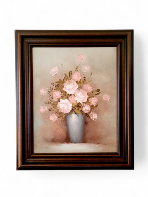Grande Nature Morte Fleurie Vintage Peinture à l'huile