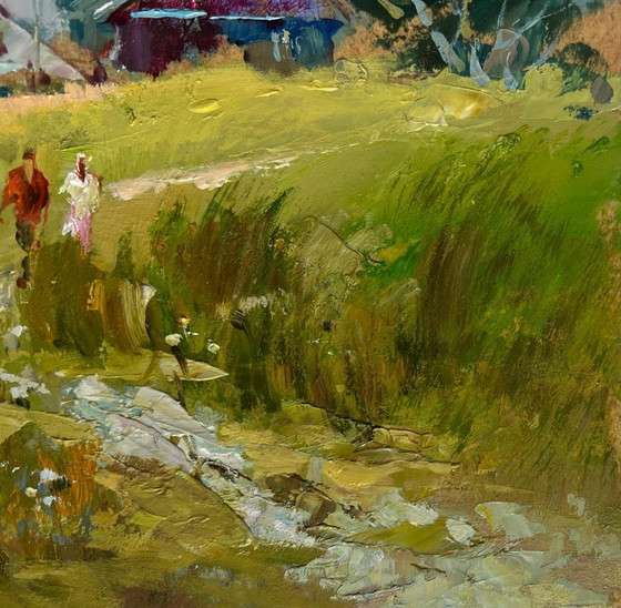 Image 1 of Original Oil Painting Summer Village Landscape A couple walking through a field