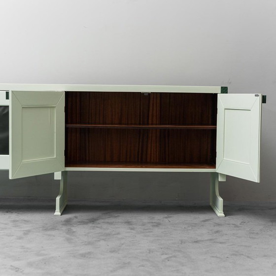 Image 1 of CREDENZA IN LEGNO CON INSERTI IN PELLE VERDE, MODERNARIATO VINTAGE ANNI '60