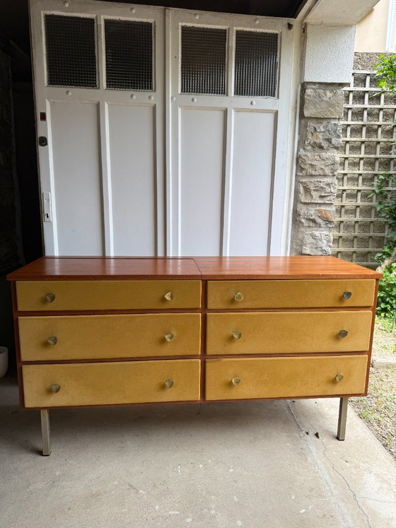 Image 1 of Enfilade commode coiffeuse Roger Landault années 50/60 suédine jaune