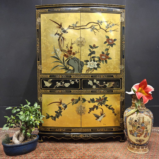 Vintage Chinese Kast (Bladgoud, Vogels, Bloemen) Oosterse Kast / Bohemian Kast / TV Kast / Kledingkast