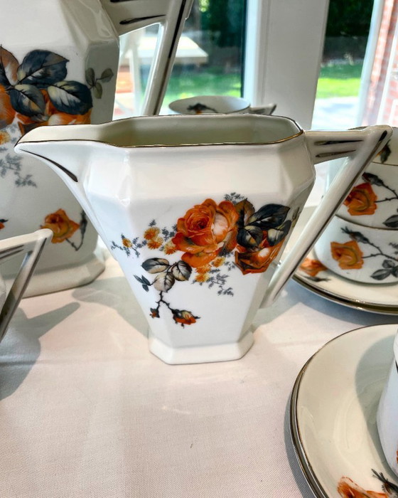 Image 1 of Vintage Eichwald theeservies voor 12 personen – Art Deco porseleinen servies – Oranje rozenpatroon