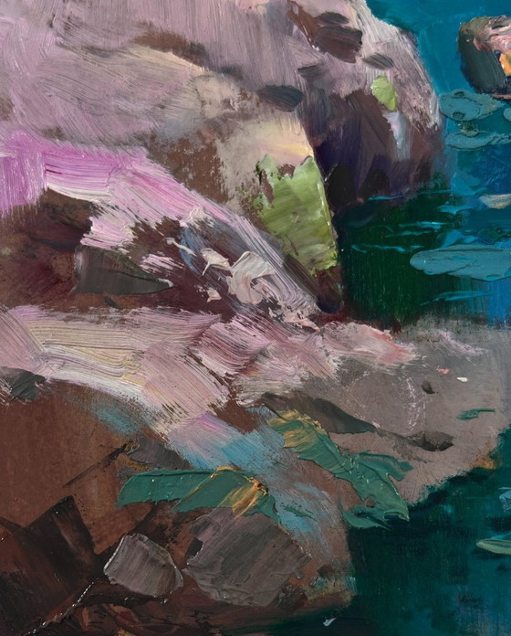 Image 1 of Original Oil Painting Sea Coastal Landscape Boats On The Rocky Shore