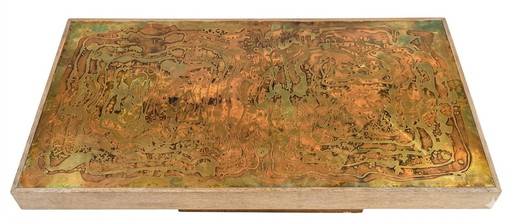 Rare Brutalist Coffee Table by W. Sadeghi - Acid-Etched Brass & Copper - 1970s