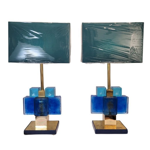 Pareja de Lámparas de Mesa en Cristal de Murano Azul y Latón, 80’s – Italia