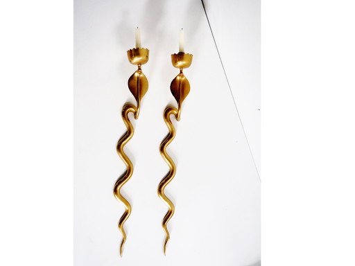 Candlestick Pair Of Mid Century Snake Candle Holders - Bronze