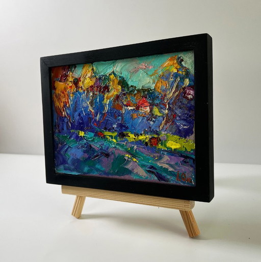 Original Oil Painting Fall Nature Landscape Autumn Blue Forest – schilderijen tekeningen, Canvas (photo 2 of 8)