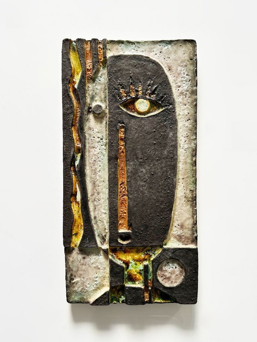 Grande sculpture murale cubiste en terre cuite émaillée. Helmut Schäffenacker – Allemagne, années 60
