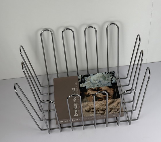 Image 1 of Large Vintage XL Wire Steel Chrome Newspaper Container / Reading Rack