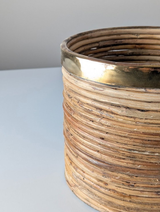 Image 1 of Italiaanse plantenbak van riet en messing uit het midden van de 20e eeuw, jaren 70.