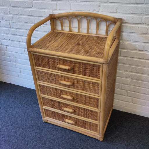 Bamboe rotan grenen 5 laden kastje 
