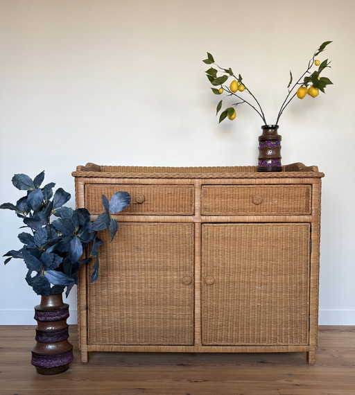 Vintage Woven Rattan Large Sideboard Buffet Cabinet/Commode