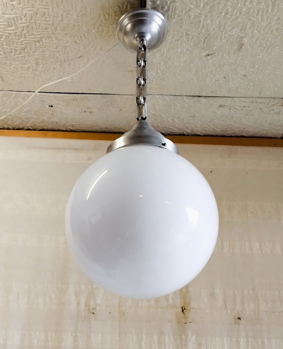 Image 1 of XXL opal glass globe industrial pendant light - 1940s/50s