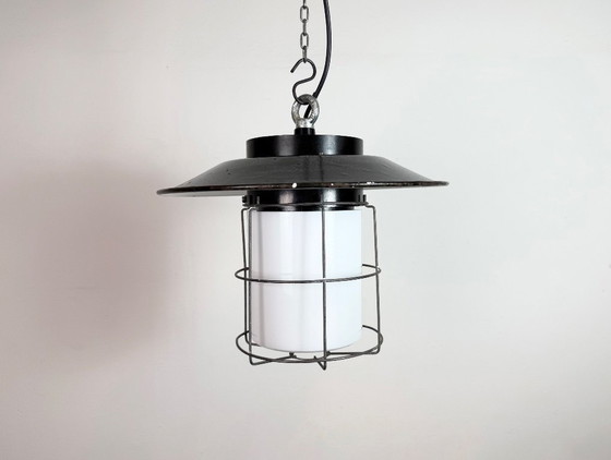 Image 1 of Industrial Grey Enamel Cage Pendant Lamp, 1960s
