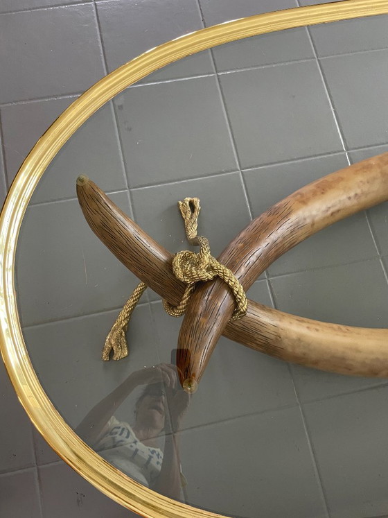 Spanish 1970s Signed Valenti Faux Elephant Tusk Table with Glass Top and Solid Bronze Detailing (photo 7 of 15)