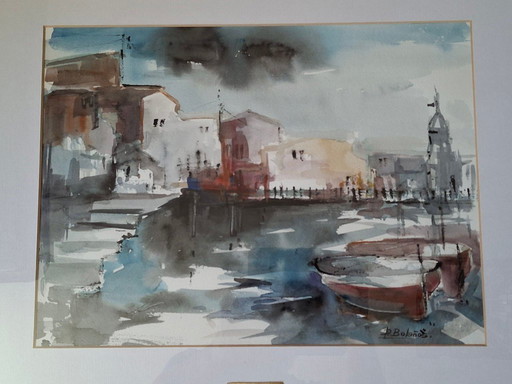 Origineel aquarel schilderij, gesigneerd door Dolors Bolanos, ingelijst.
