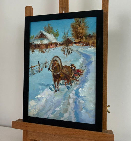 Original Oil Painting Winter Village Landscape Riding a horse in the snow