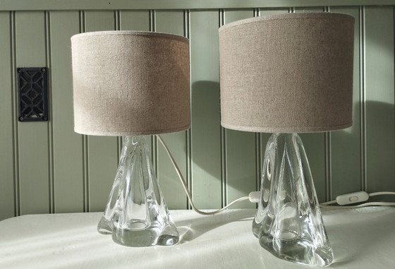 Image 1 of Pair of table lamps - 1950s style twisted clear glass bases - Hemp cylindrical lampshades