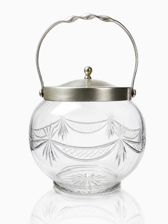 Image 1 of Vaso/bonbonniere antico boemo a forma di bolla in cristallo inciso e metallo argentato, 1920-1940.