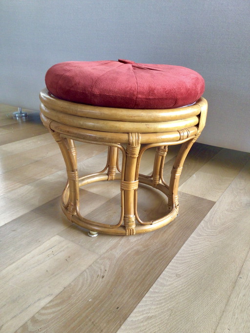 Vintage bamboe tabouret met kussen