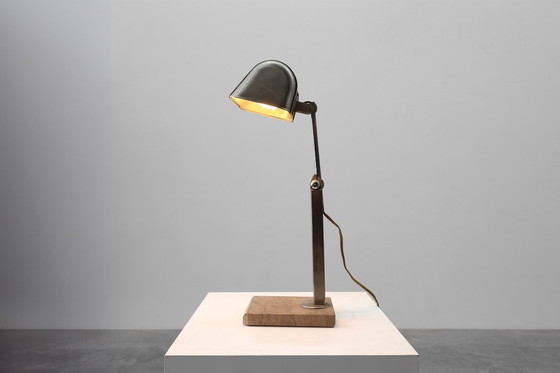 Image 1 of Art-déco-Schreibtischlampe aus Metall und Travertin im Industriestil, Belgien, 1930er Jahre
