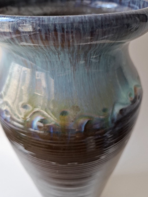 Image 1 of Vintage large ceramic vase / floor vase 38 cm – brown/turquoise flowing glaze