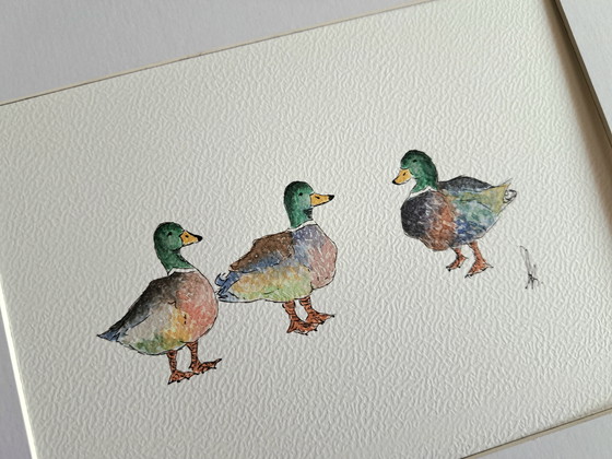 Image 1 of Original watercolor of three little ducks, including frame