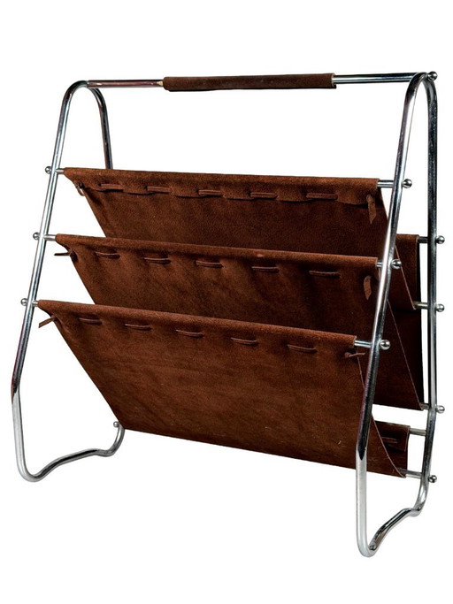 1960s/70s Newspaper Holder/Magazine Stand, Metal/Leather, Mid-Century Design