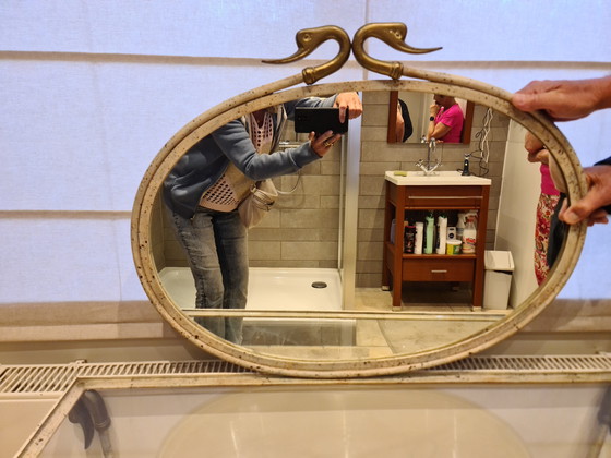 Image 1 of Set di 3 pezzi: tavolino, sedia e specchio in ferro battuto e ottone