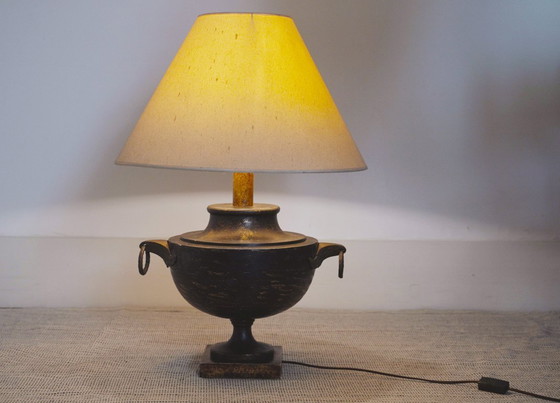 Image 1 of  Italian Neoclassical Amphora Table Lamp Black Patina Urn Base with Brass Handles Vintage Classical Lighting 