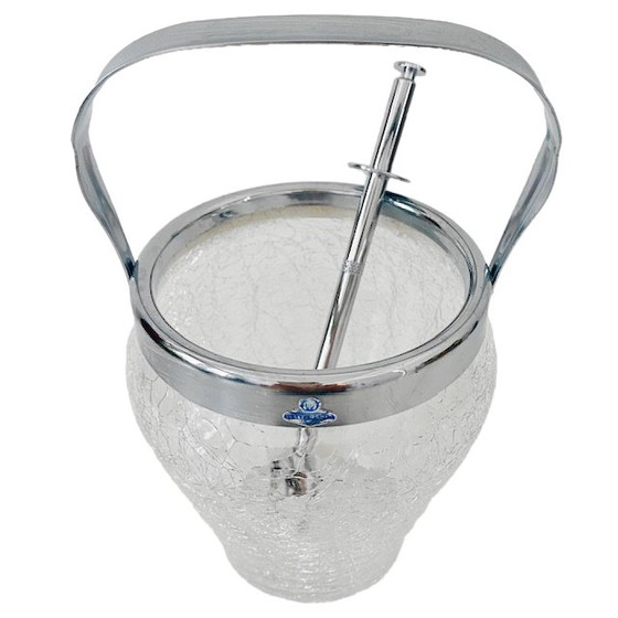 Image 1 of Seau à glace vintage en acier inoxydable verre craquelé De Meyere 1950s