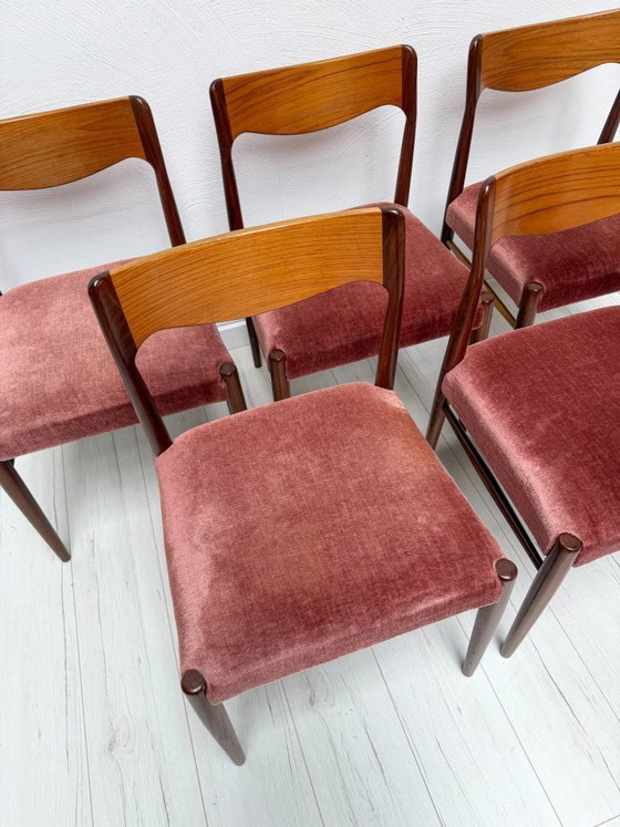 Image 1 of Set van 6 vintage Deense teakhouten eetkamerstoelen, Scandinavisch design uit het midden van de 20e eeuw, jaren 60.